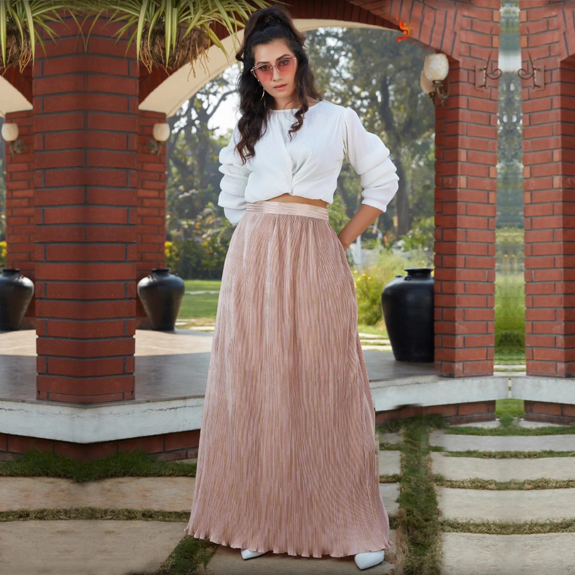 Attractive White-Peach Colored Casual Wear Printed Western Crop Top - Skirt Set