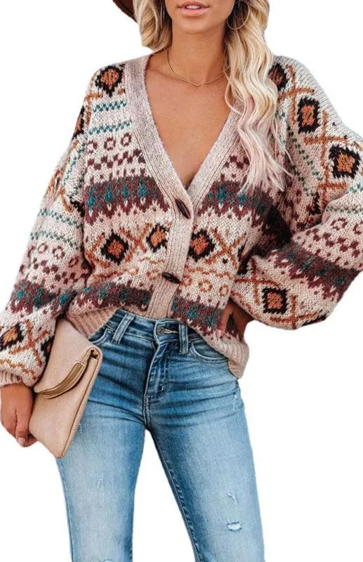 Bohemian Blossom | Women's V-Neck Knit Cardigan with Floral Elegance