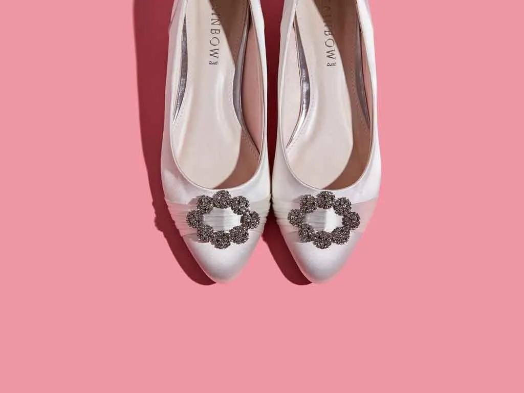 Dulcie Flat Ivory Satin Rainbow Club Shoes