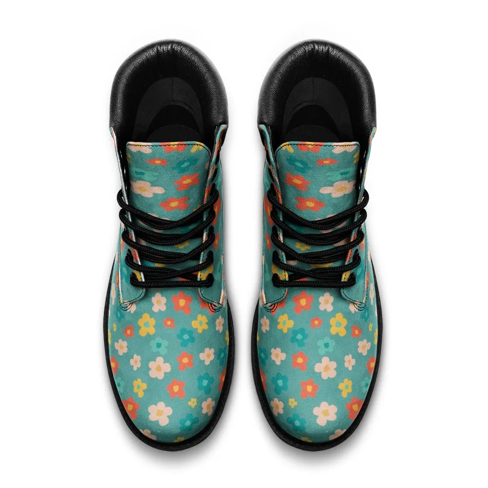 Faux Leather Combat Boots Unisex Floral Blue Print