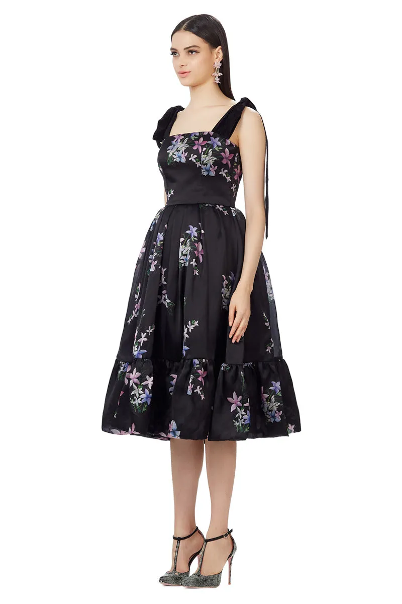 Floral Print Silk Gazar Velvet Straps Dress