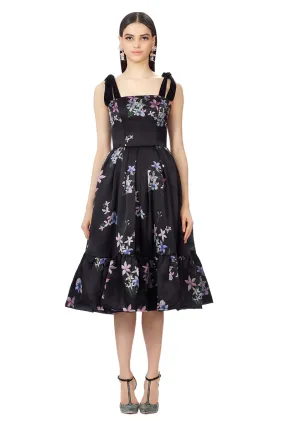 Floral Print Silk Gazar Velvet Straps Dress