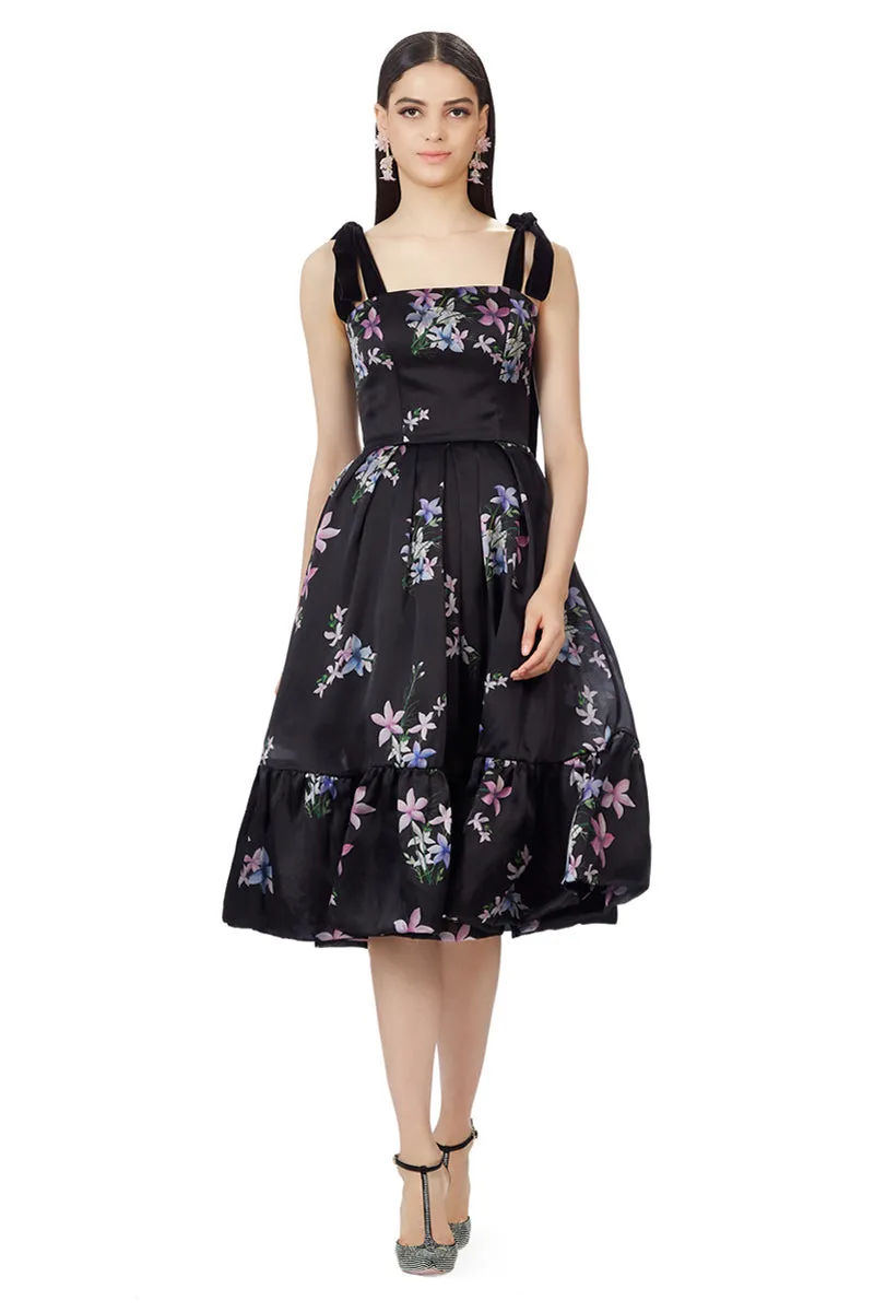 Floral Print Silk Gazar Velvet Straps Dress