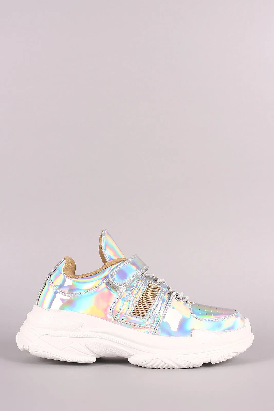 Holographic Patent Perforated Lace-Up Platform Sneaker