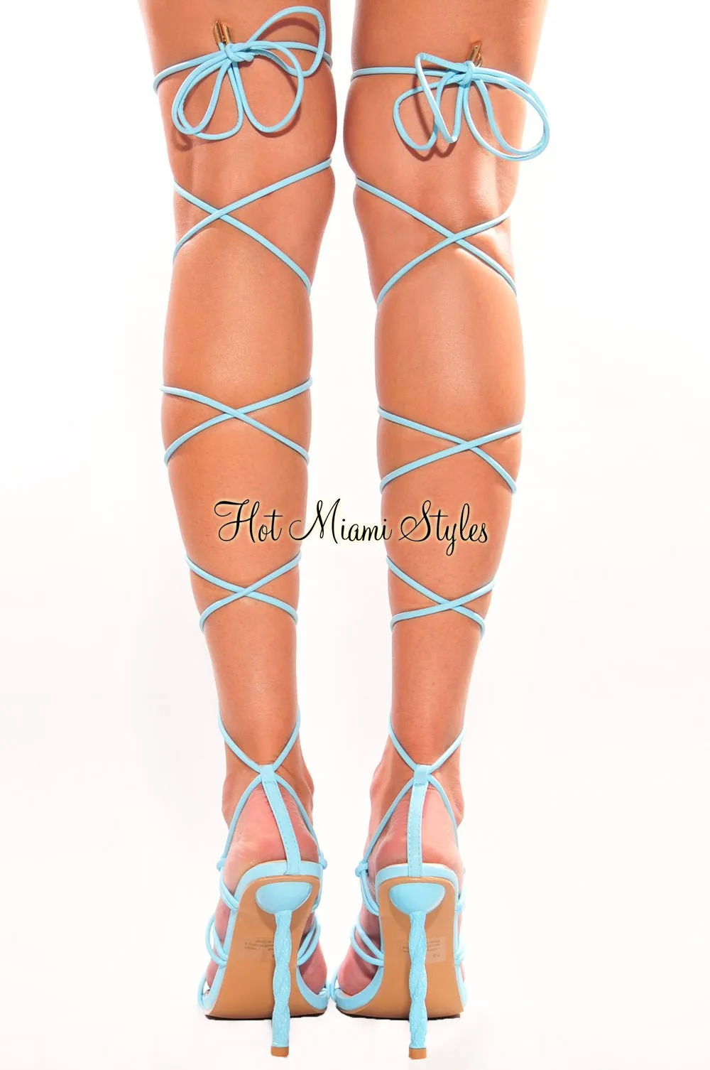 Light Blue Strappy Lace Up Square Toe High Heels