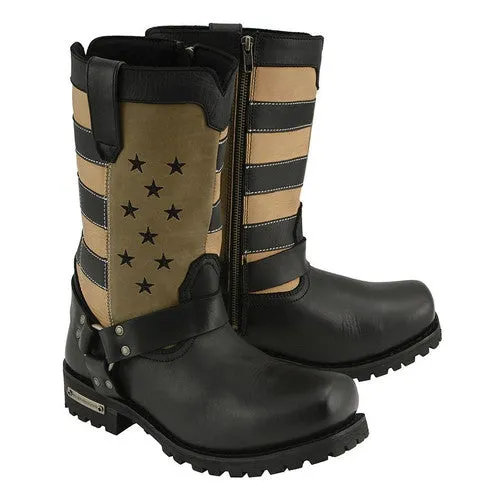 Men's Black Motorcycle Boots with Black and White American Flag top