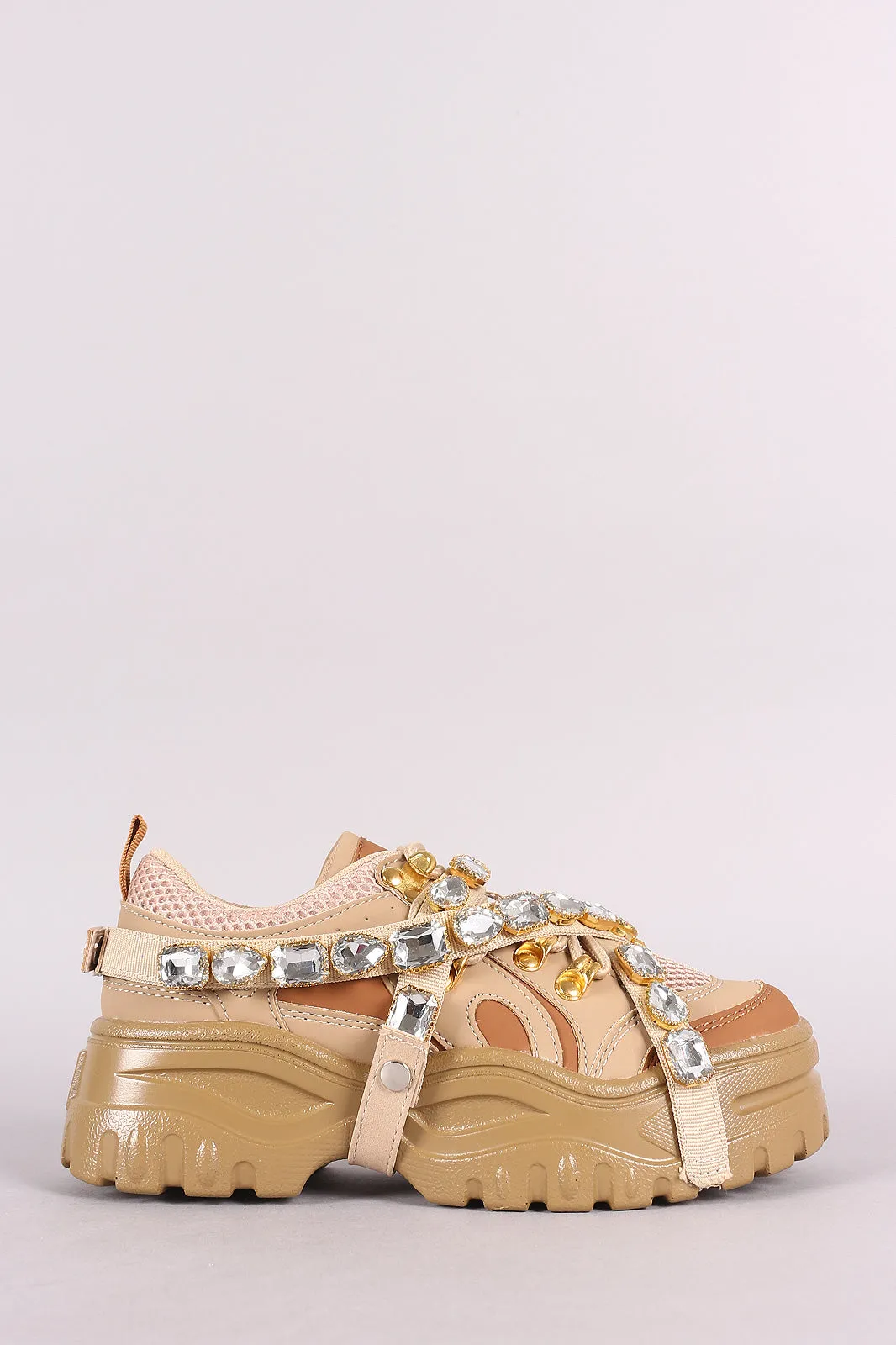 Mesh Trim Jeweled Strappy Lug Sole Platform Sneaker