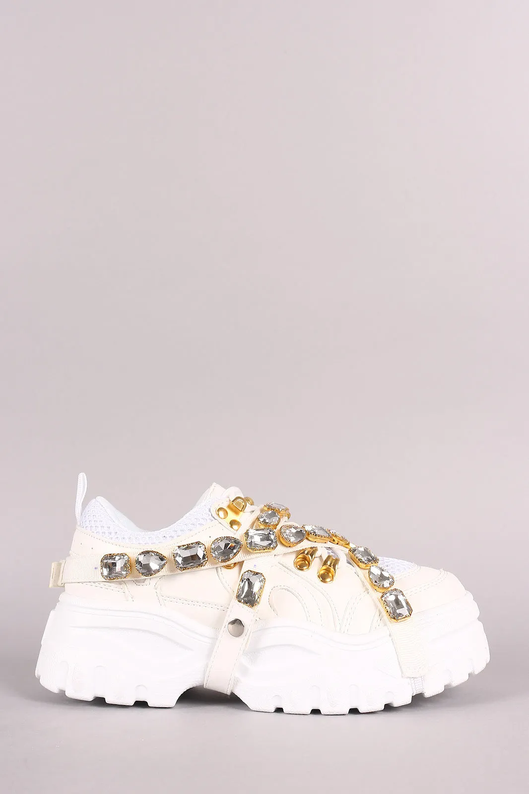 Mesh Trim Jeweled Strappy Lug Sole Platform Sneaker