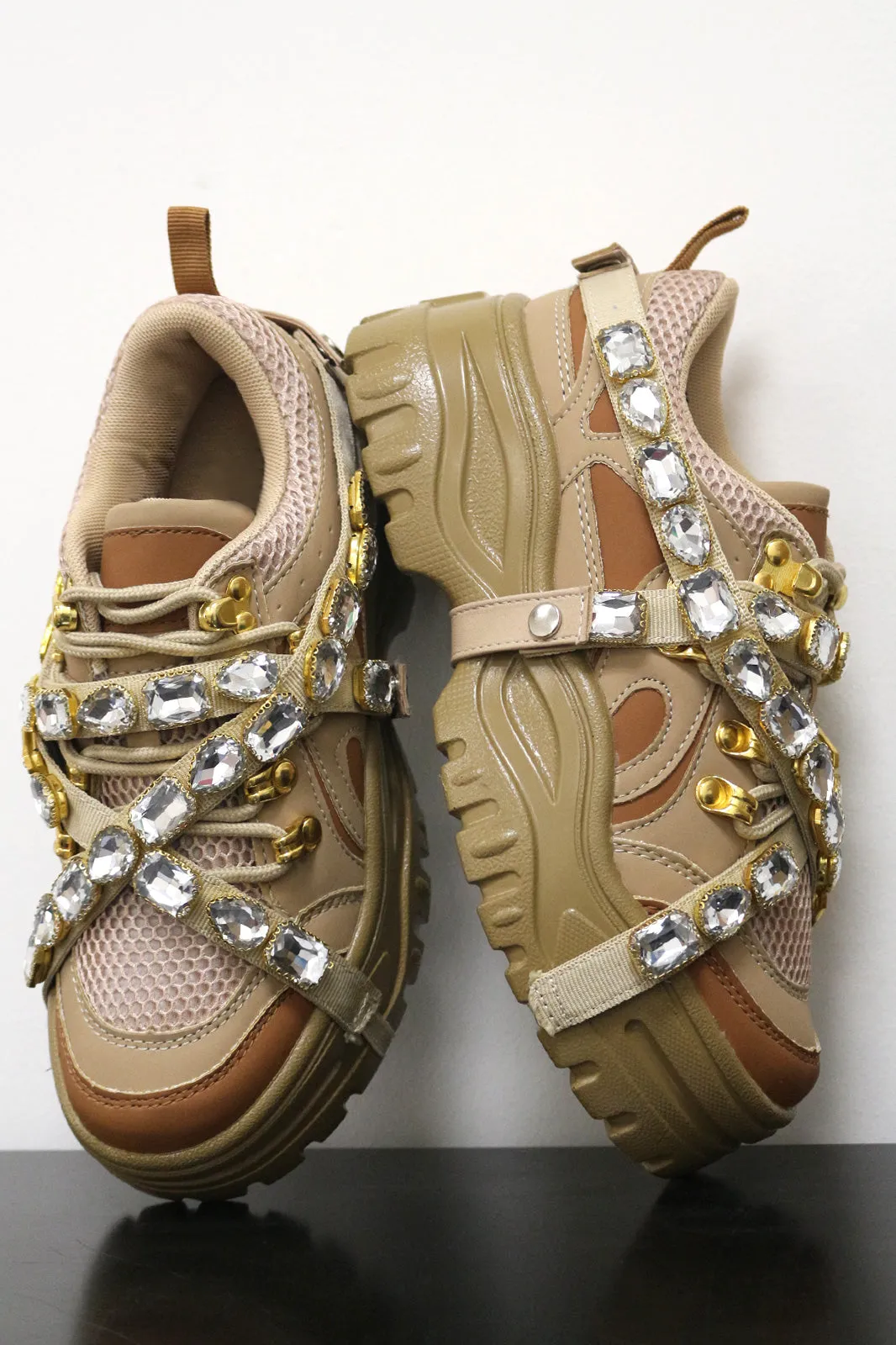 Mesh Trim Jeweled Strappy Lug Sole Platform Sneaker