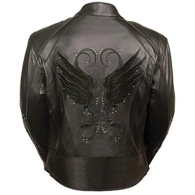 Milwaukee Leather Women's Embroidered Wing and Stud Design Black Leather Scooter Jacket with Gun Pocket