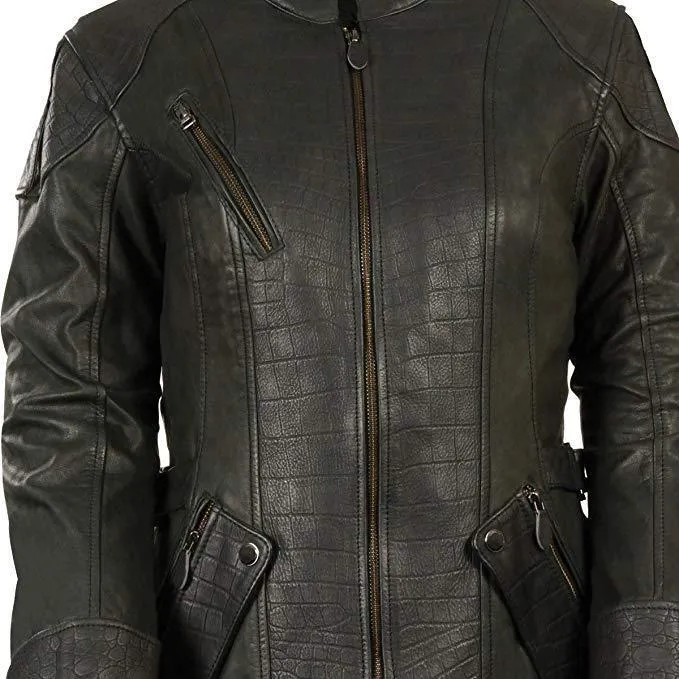 Milwaukee Leather Women's Gator 3/4 Length Embossed Print Black Leather Jacket with Gun Pockets