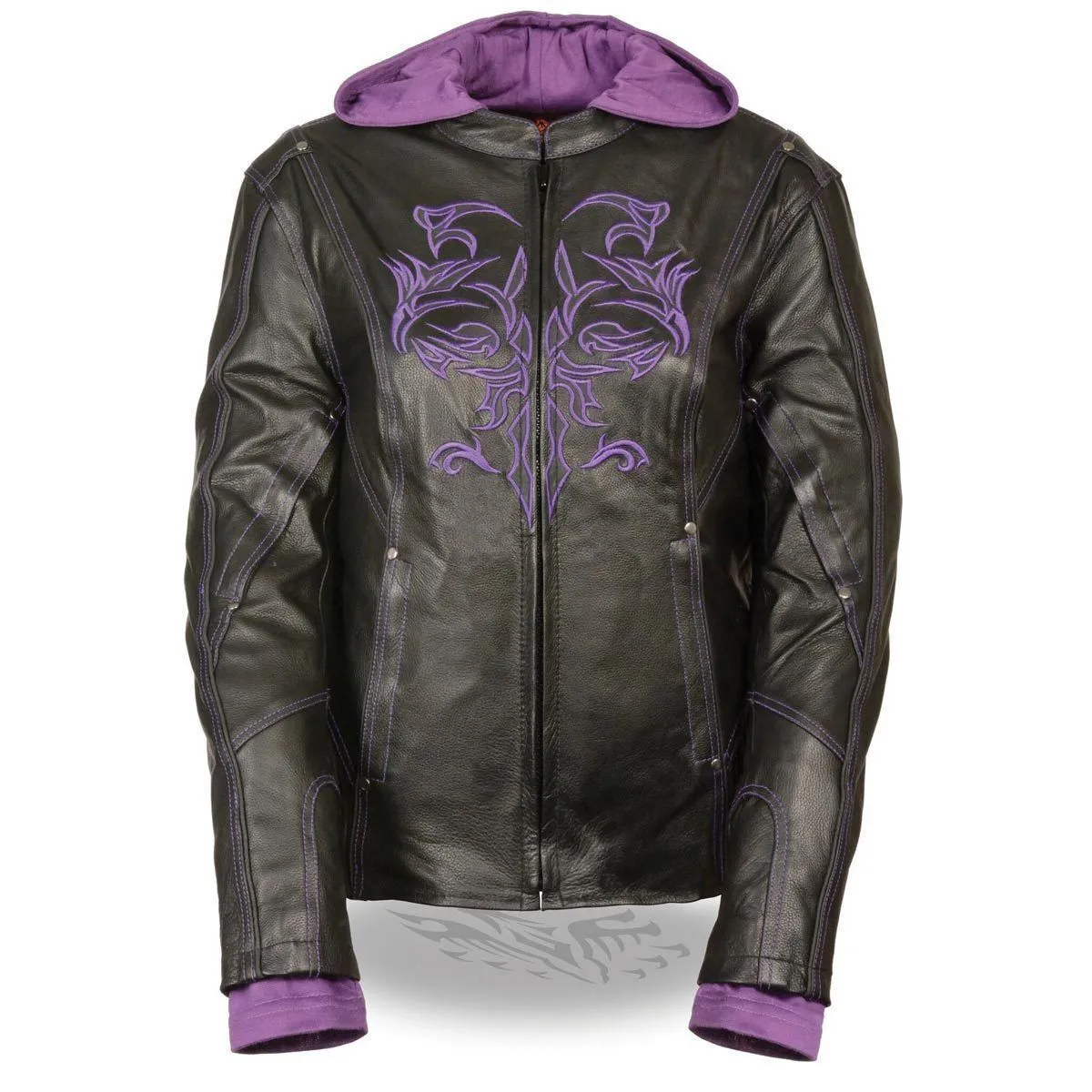 Milwaukee Leather Women's Reflective Tribal 3/4 Length Black/Purple Leather Jacket with Gun Pocket