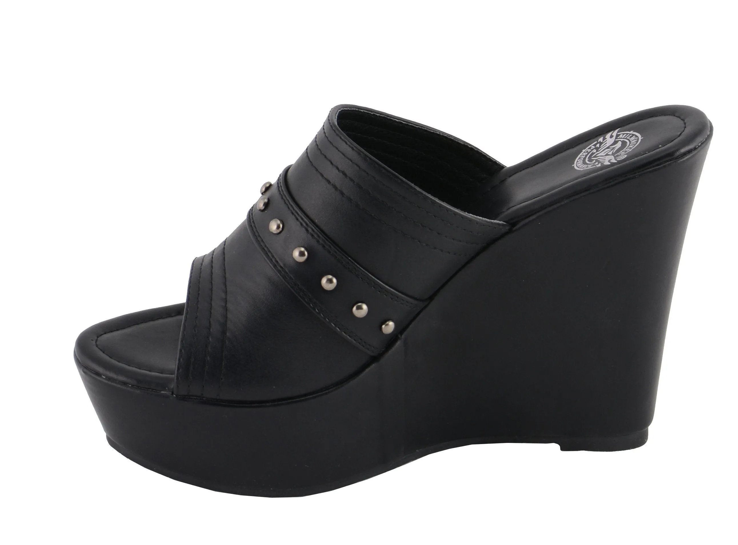 Milwaukee Performance-MBL9408-Women Black Open Toe Wedge with Rivet Detail