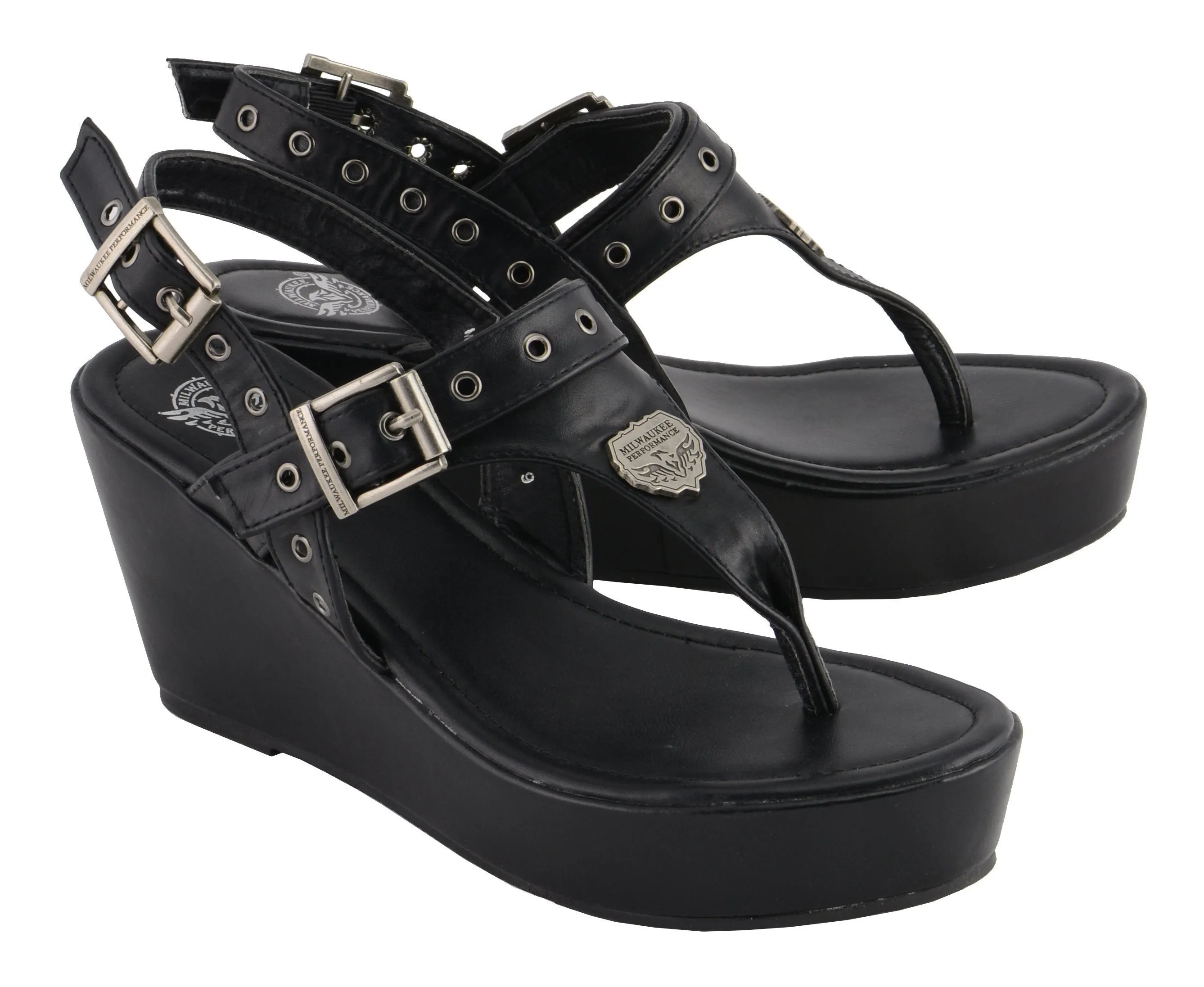 Milwaukee Performance-MBL9411-Women  Black Buckled Strap Wedge Sandal