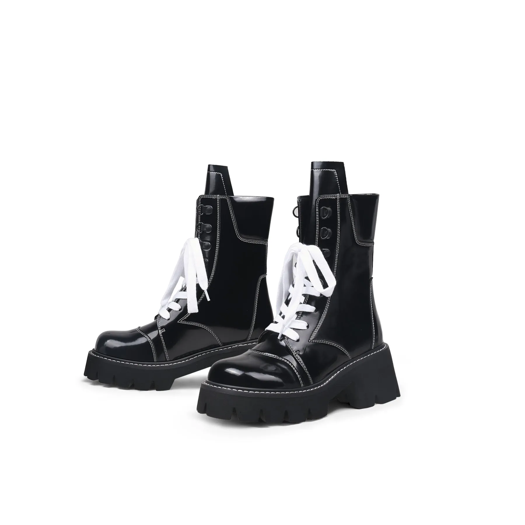 Stitched White Lace Up Black Combat Boots