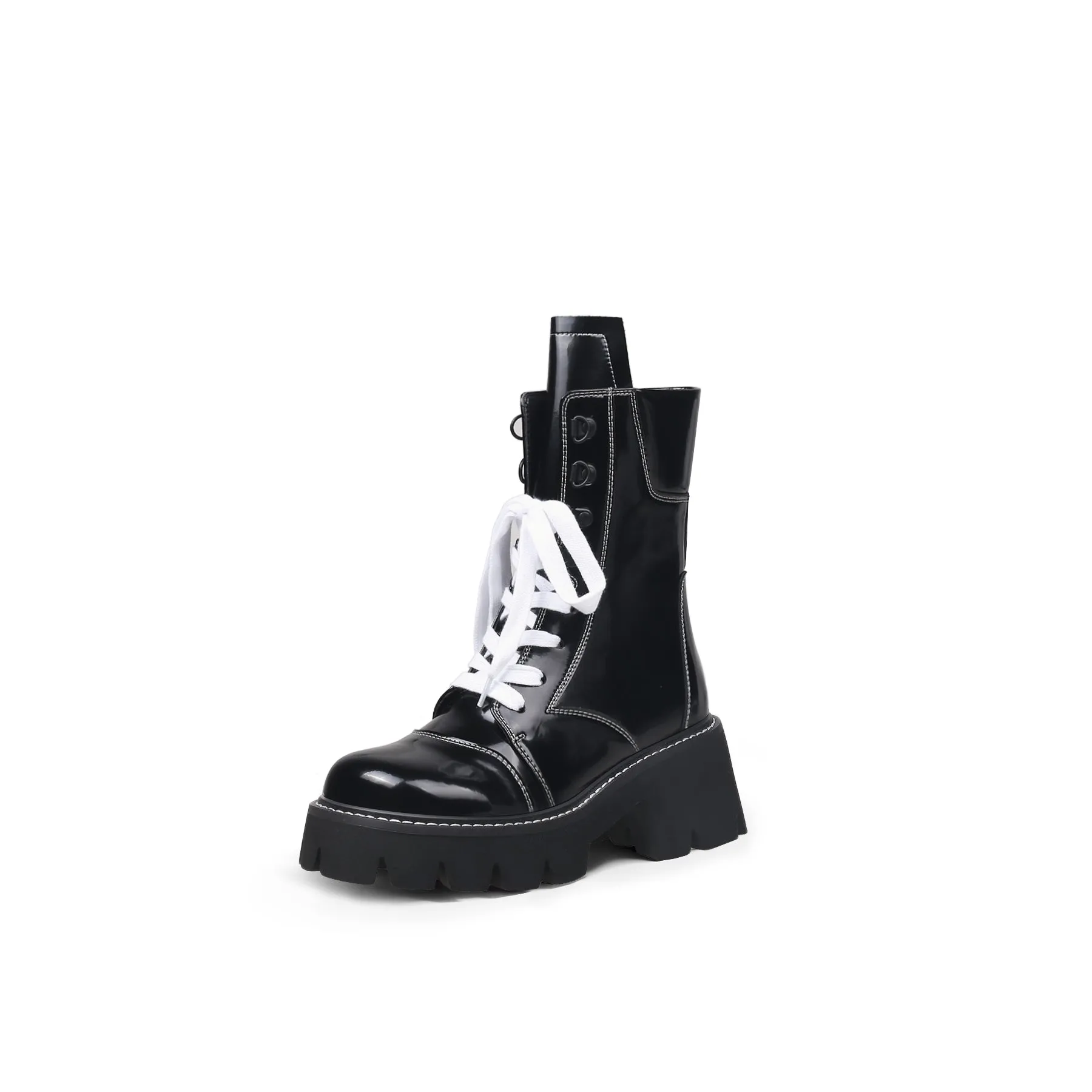 Stitched White Lace Up Black Combat Boots