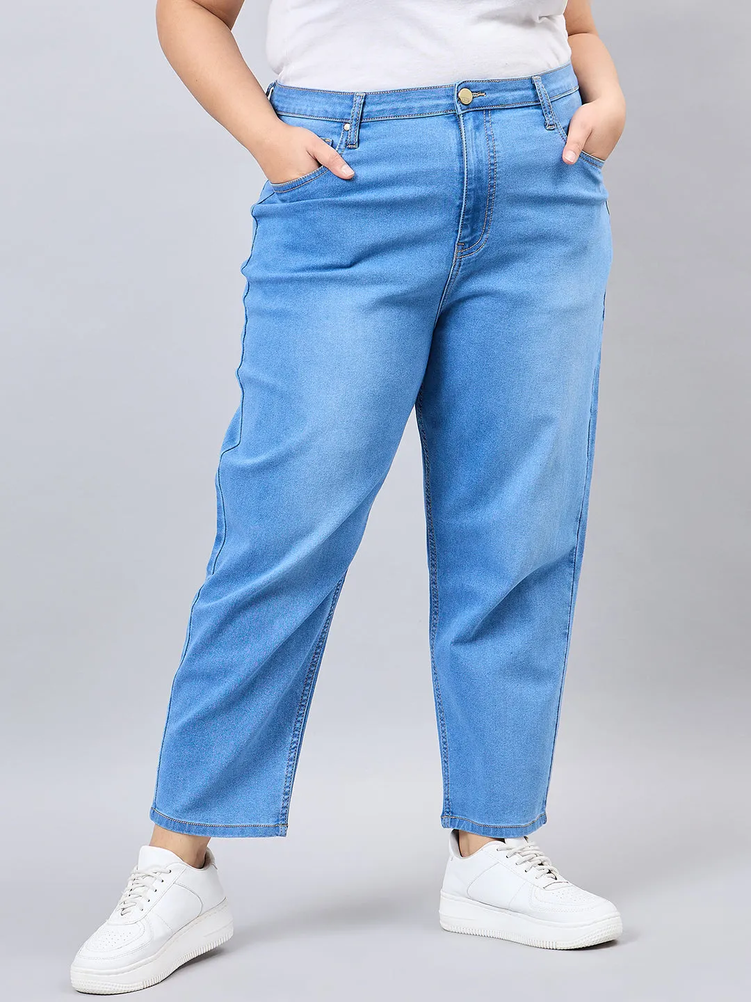 Style Quotient Women Plus Size Mid Blue Mom Fit High Rise Stretchable Jeans