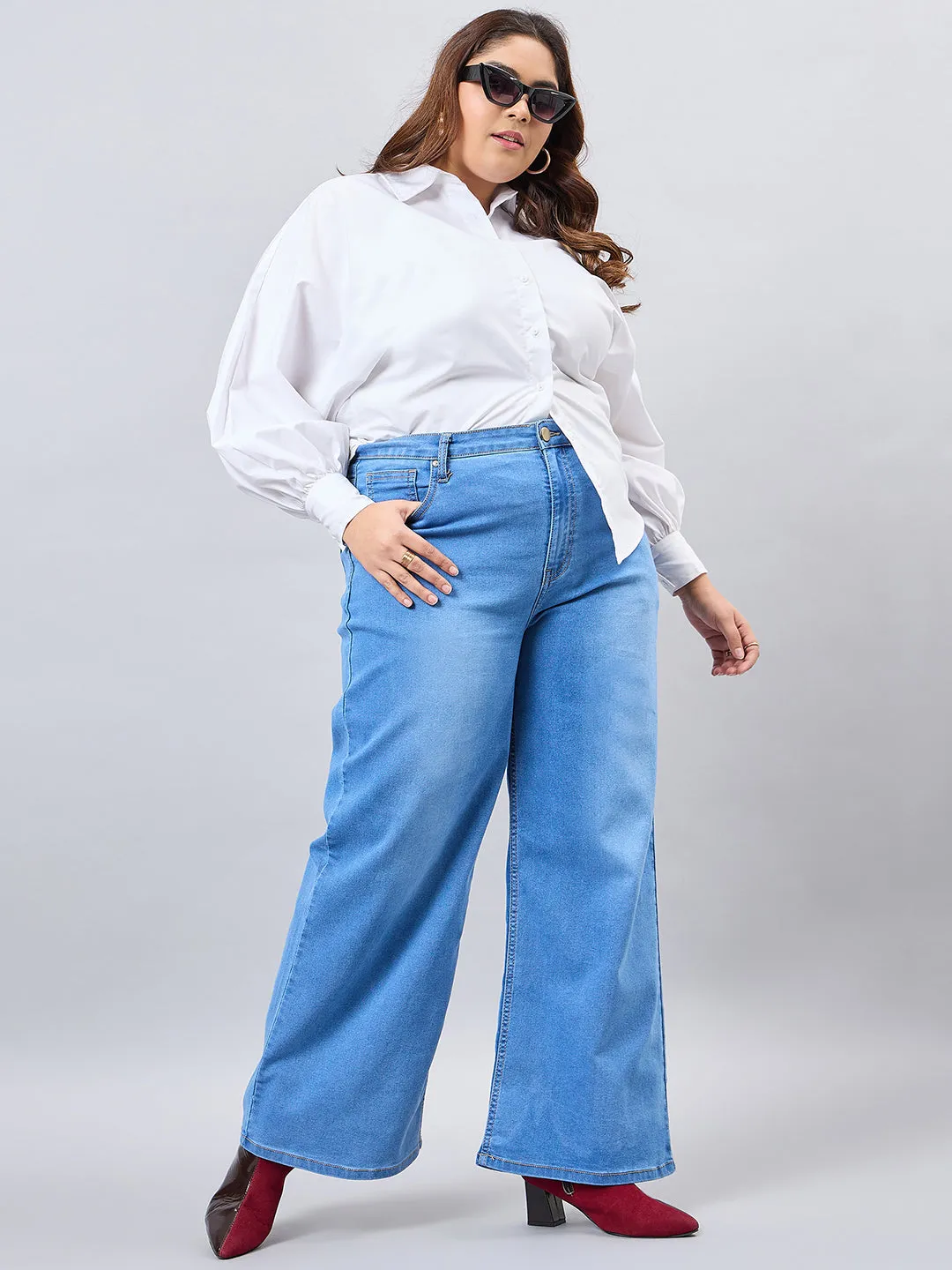 Style Quotient Women Plus Size Mid Blue Wide Leg High Rise Stretchable Jeans