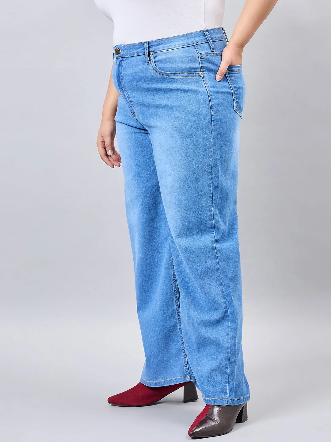 Style Quotient Women Plus Size Mid Blue Wide Leg High Rise Stretchable Jeans