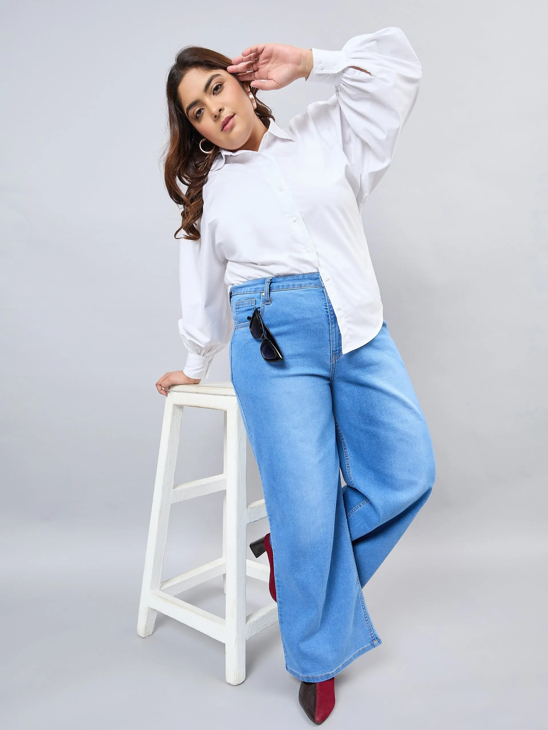 Style Quotient Women Plus Size Mid Blue Wide Leg High Rise Stretchable Jeans