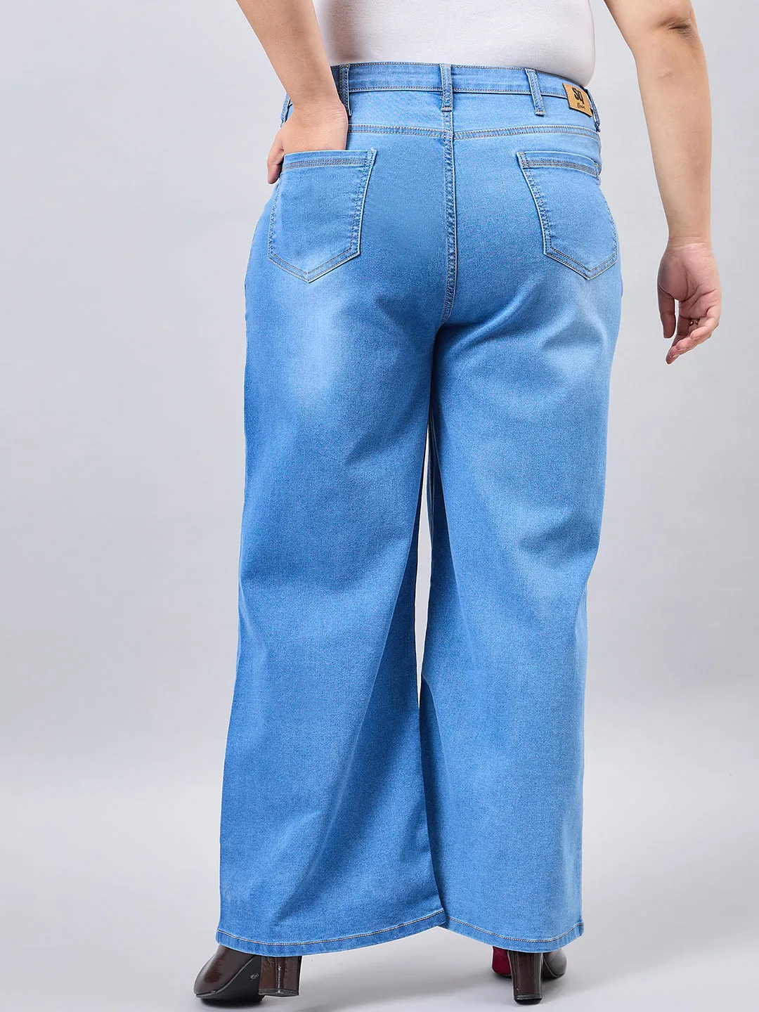 Style Quotient Women Plus Size Mid Blue Wide Leg High Rise Stretchable Jeans